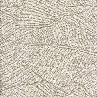 Beige fabric sample with curvilinear pattern, textured polyolefinic and polyester blend, displaying repeating organic lines and small printed text.